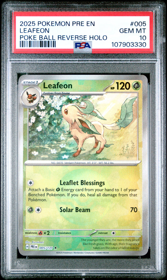 LEAFEON 5/131 [Poke Ball] POKEMON PRE EN-PRISMATIC EVOLUTIONS POKE BALL REVERSE HOLO PSA10 GEM MT 10 PSA population 186 <a href=https://www.psacard.com/cert/107903330/psa>https://www.psacard.com/cert/107903330/psa</a>