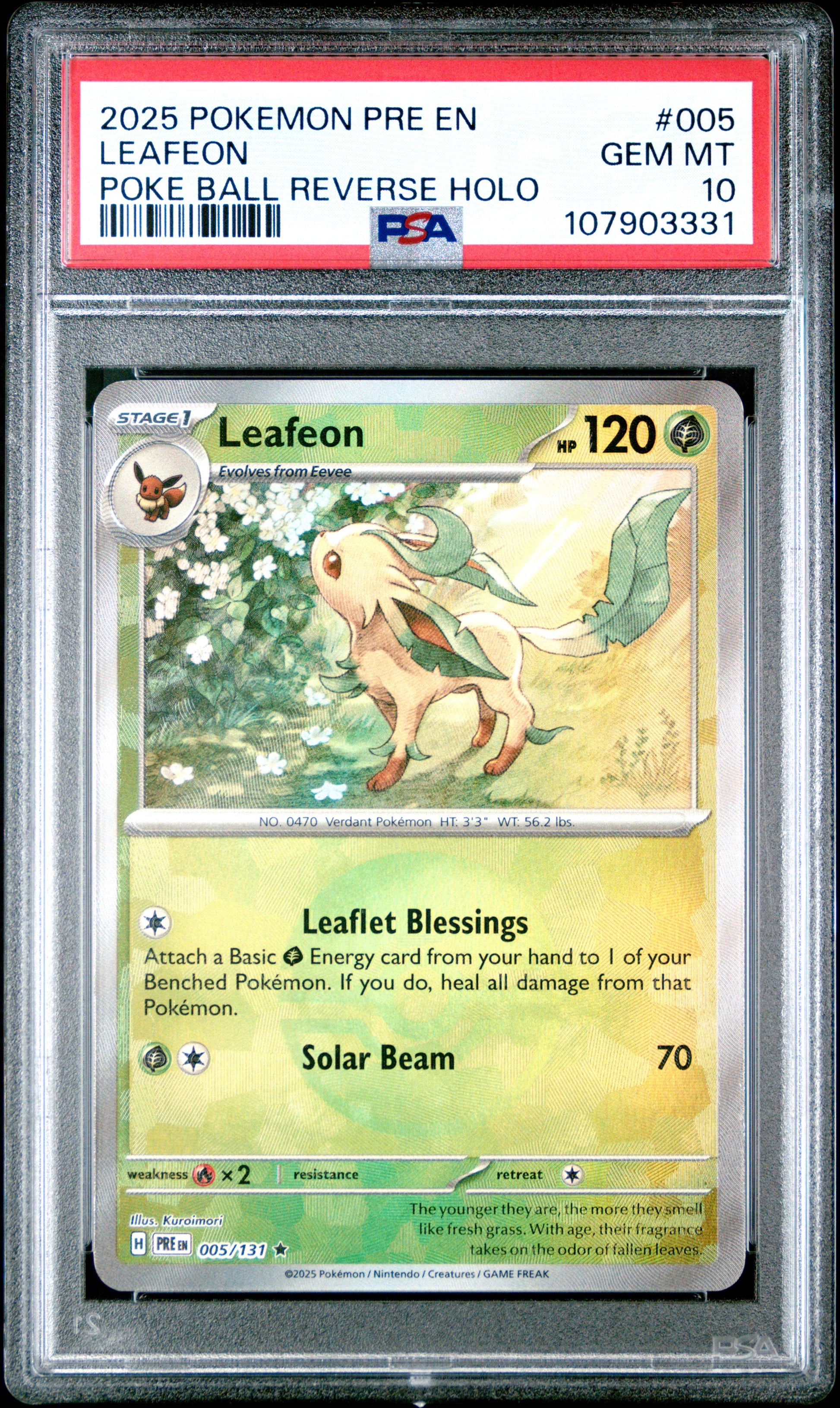 LEAFEON 5/131 [Poke Ball] POKEMON PRE EN-PRISMATIC EVOLUTIONS POKE BALL REVERSE HOLO PSA10 GEM MT 10 PSA population 186 <a href=https://www.psacard.com/cert/107903331/psa>https://www.psacard.com/cert/107903331/psa</a>