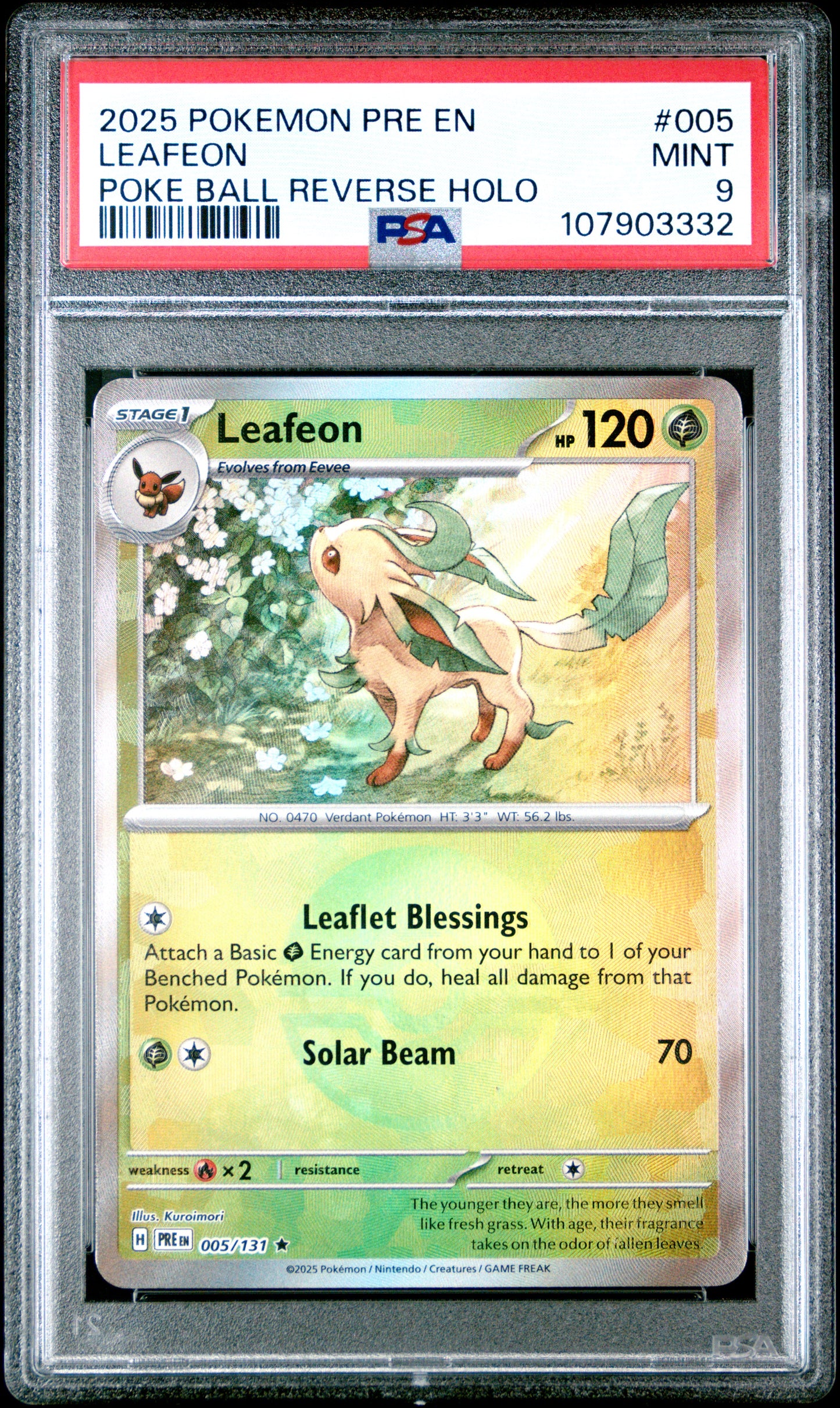 LEAFEON 5/131 [Poke Ball] POKEMON PRE EN-PRISMATIC EVOLUTIONS POKE BALL REVERSE HOLO PSA9 MINT 9 PSA population 277 <a href=https://www.psacard.com/cert/107903332/psa>https://www.psacard.com/cert/107903332/psa</a>