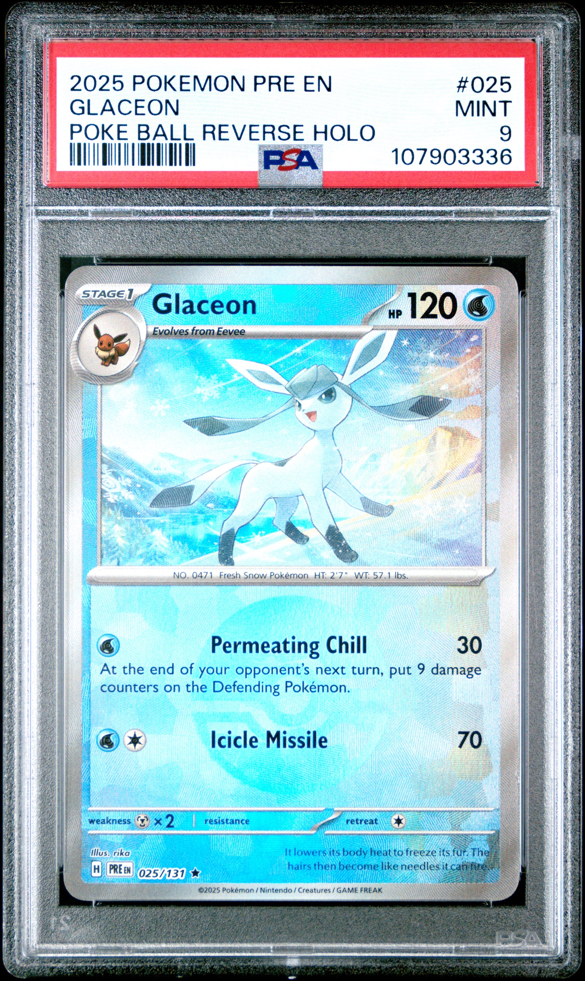 GLACEON 25/131 [Poke Ball] POKEMON PRE EN-PRISMATIC EVOLUTIONS POKE BALL REVERSE HOLO PSA9 MINT 9 PSA population 284 <a href=https://www.psacard.com/cert/107903336/psa>https://www.psacard.com/cert/107903336/psa</a>