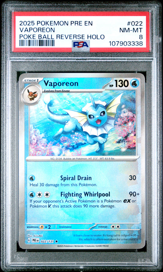 VAPOREON 22/131 [Poke Ball] POKEMON PRE EN-PRISMATIC EVOLUTIONS POKE BALL REVERSE HOLO PSA8 NM-MT 8 PSA population 151 <a href=https://www.psacard.com/cert/107903338/psa>https://www.psacard.com/cert/107903338/psa</a>