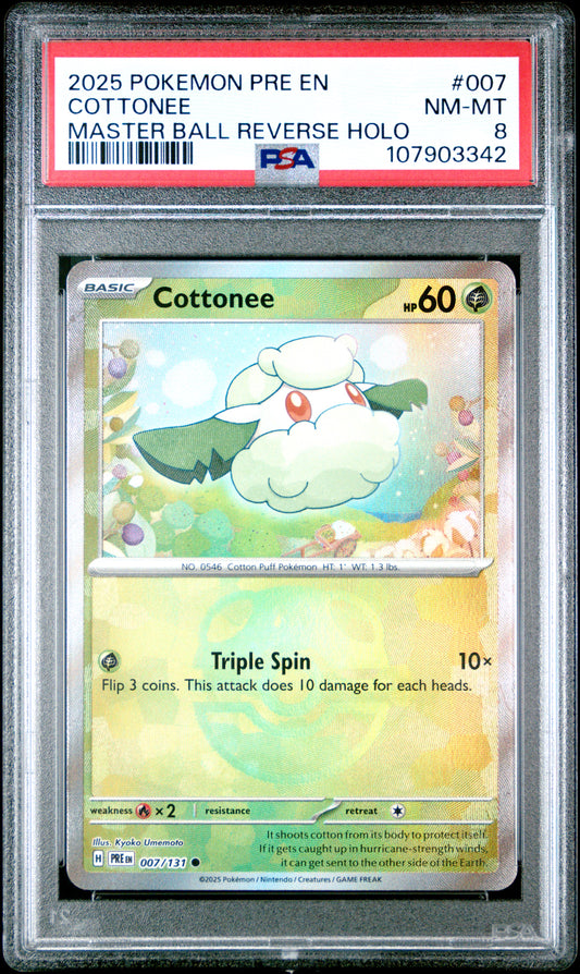 COTTONEE 7/131 [Master Ball]  POKEMON PRE EN-PRISMATIC EVOLUTIONS MASTER BALL REVERSE HOLO PSA8 NM-MT 8 PSA population 10 <a href=https://www.psacard.com/cert/107903342/psa>https://www.psacard.com/cert/107903342/psa</a>
