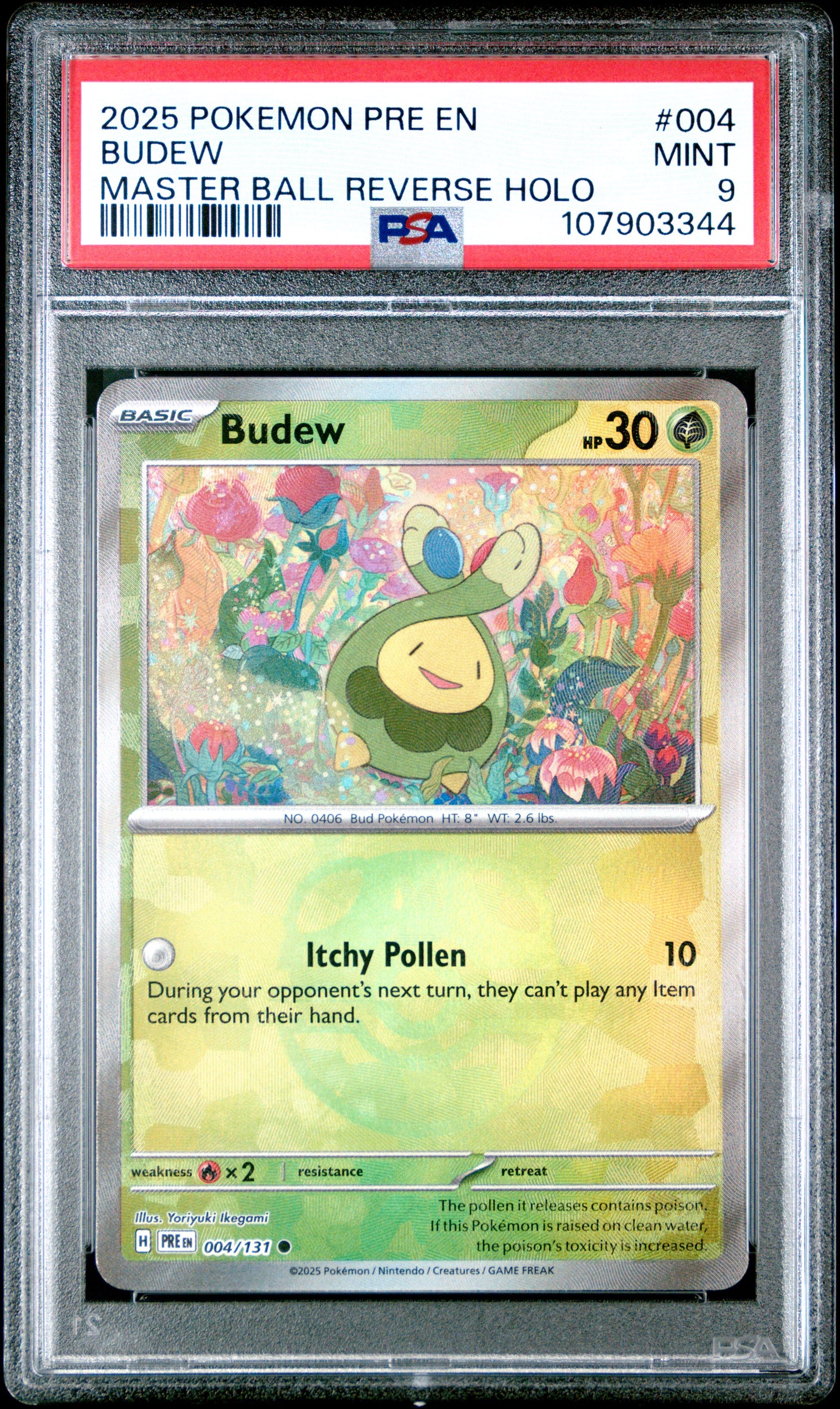 BUDEW 4/131 [Master Ball]  POKEMON PRE EN-PRISMATIC EVOLUTIONS MASTER BALL REVERSE HOLO PSA9 MINT 9 PSA population 145 <a href=https://www.psacard.com/cert/107903344/psa>https://www.psacard.com/cert/107903344/psa</a>