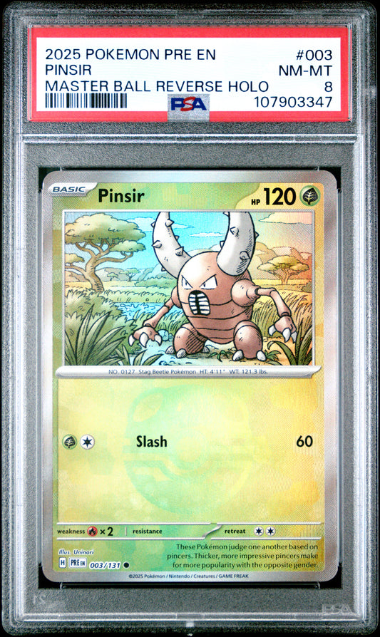 PINSIR 3/131 [Master Ball]  POKEMON PRE EN-PRISMATIC EVOLUTIONS MASTER BALL REVERSE HOLO PSA8 NM-MT 8 PSA population 27 <a href=https://www.psacard.com/cert/107903347/psa>https://www.psacard.com/cert/107903347/psa</a>