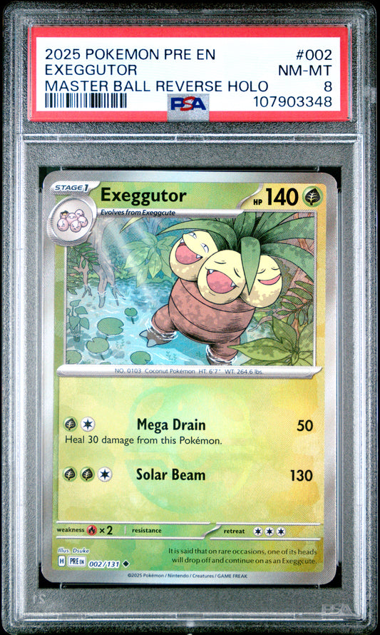 EXEGGUTOR 2/131 [Master Ball]  POKEMON PRE EN-PRISMATIC EVOLUTIONS MASTER BALL REVERSE HOLO PSA8 NM-MT 8 PSA population 33 <a href=https://www.psacard.com/cert/107903348/psa>https://www.psacard.com/cert/107903348/psa</a>