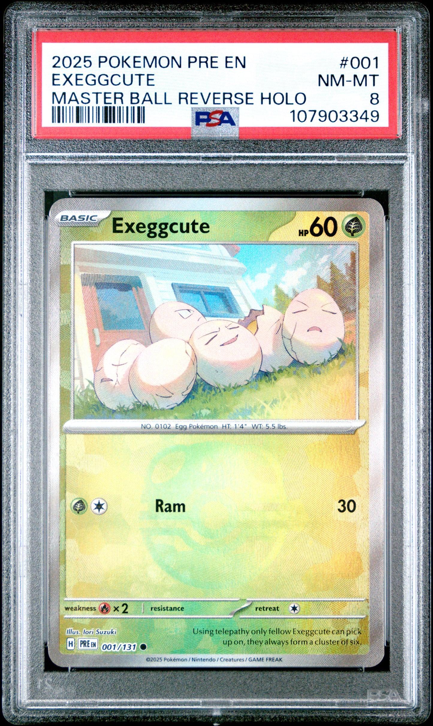 EXEGGCUTE 1/131 [Master Ball]  POKEMON PRE EN-PRISMATIC EVOLUTIONS MASTER BALL REVERSE HOLO PSA8 NM-MT 8 PSA population 29 <a href=https://www.psacard.com/cert/107903349/psa>https://www.psacard.com/cert/107903349/psa</a>