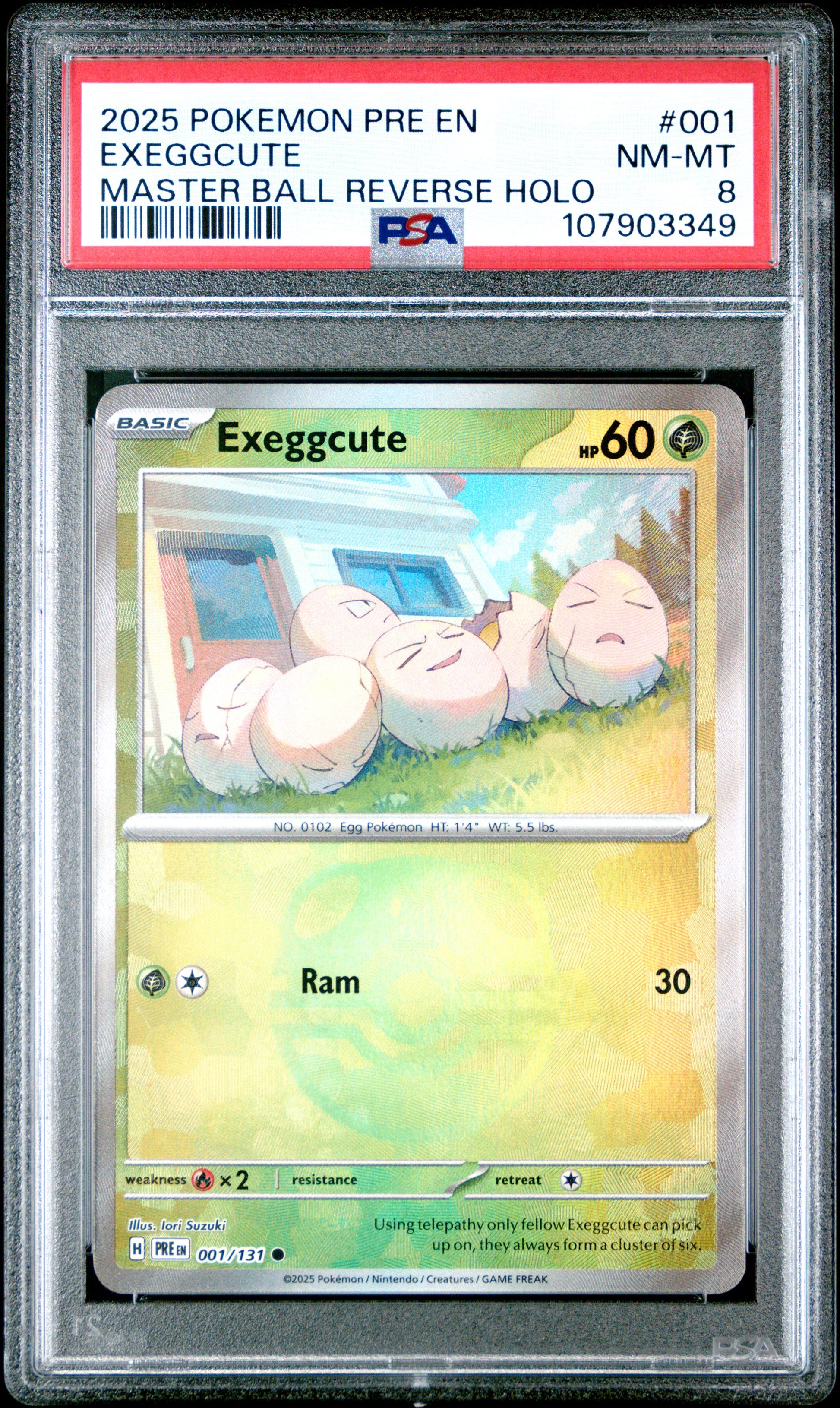 EXEGGCUTE 1/131 [Master Ball]  POKEMON PRE EN-PRISMATIC EVOLUTIONS MASTER BALL REVERSE HOLO PSA8 NM-MT 8 PSA population 29 <a href=https://www.psacard.com/cert/107903349/psa>https://www.psacard.com/cert/107903349/psa</a>