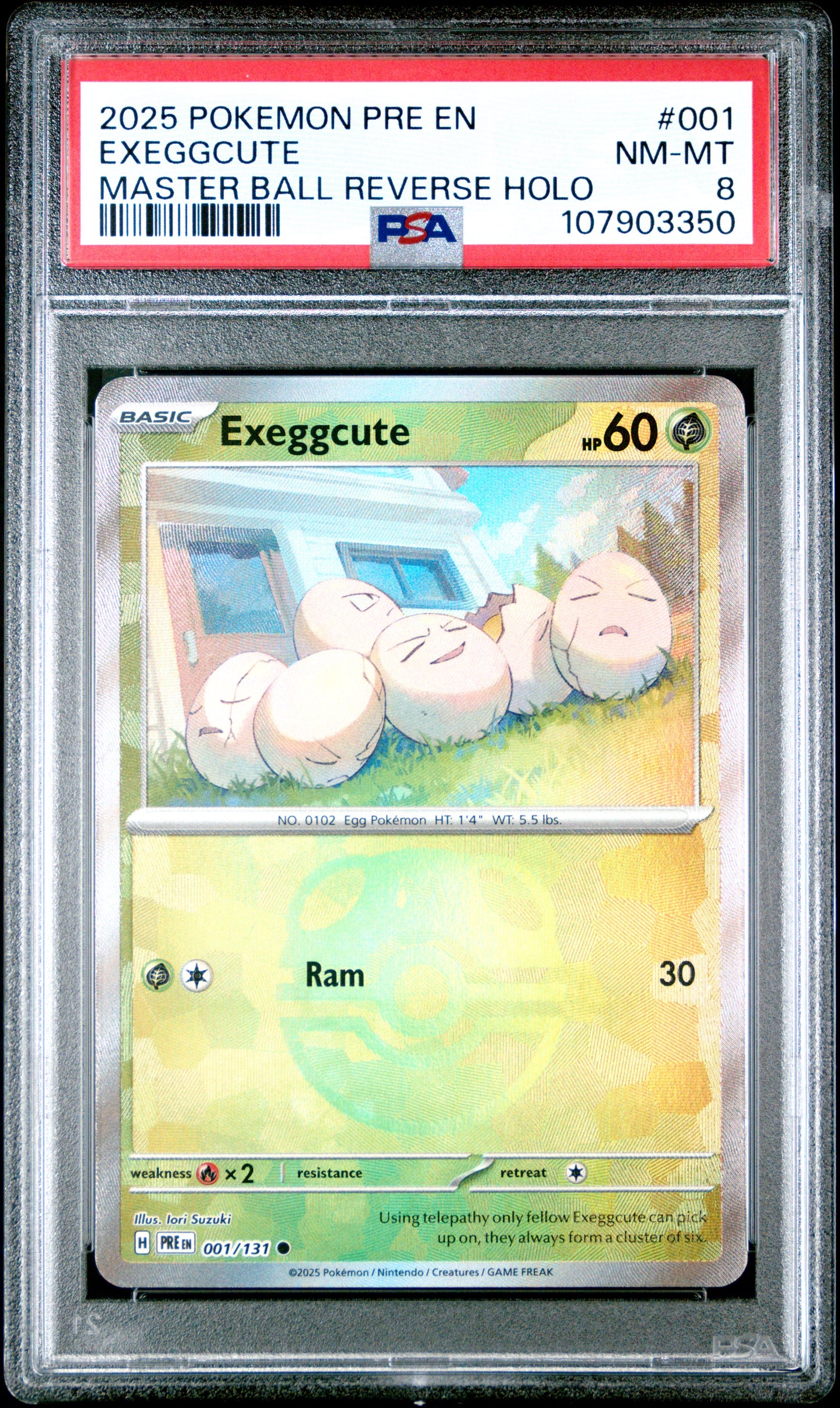 EXEGGCUTE 1/131 [Master Ball]  POKEMON PRE EN-PRISMATIC EVOLUTIONS MASTER BALL REVERSE HOLO PSA8 NM-MT 8 PSA population 29 <a href=https://www.psacard.com/cert/107903350/psa>https://www.psacard.com/cert/107903350/psa</a>