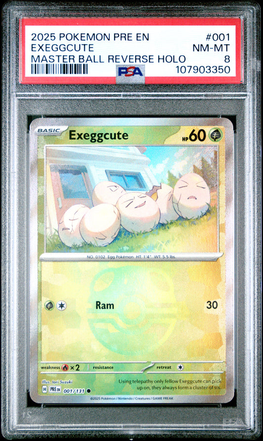 EXEGGCUTE 1/131 [Master Ball]  POKEMON PRE EN-PRISMATIC EVOLUTIONS MASTER BALL REVERSE HOLO PSA8 NM-MT 8 PSA population 29 <a href=https://www.psacard.com/cert/107903350/psa>https://www.psacard.com/cert/107903350/psa</a>