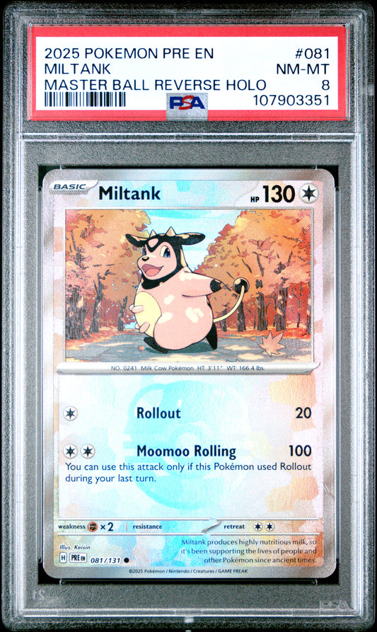 MILTANK 81/131 [Master Ball]  POKEMON PRE EN-PRISMATIC EVOLUTIONS MASTER BALL REVERSE HOLO PSA8 NM-MT 8 PSA population 14 <a href=https://www.psacard.com/cert/107903351/psa>https://www.psacard.com/cert/107903351/psa</a>