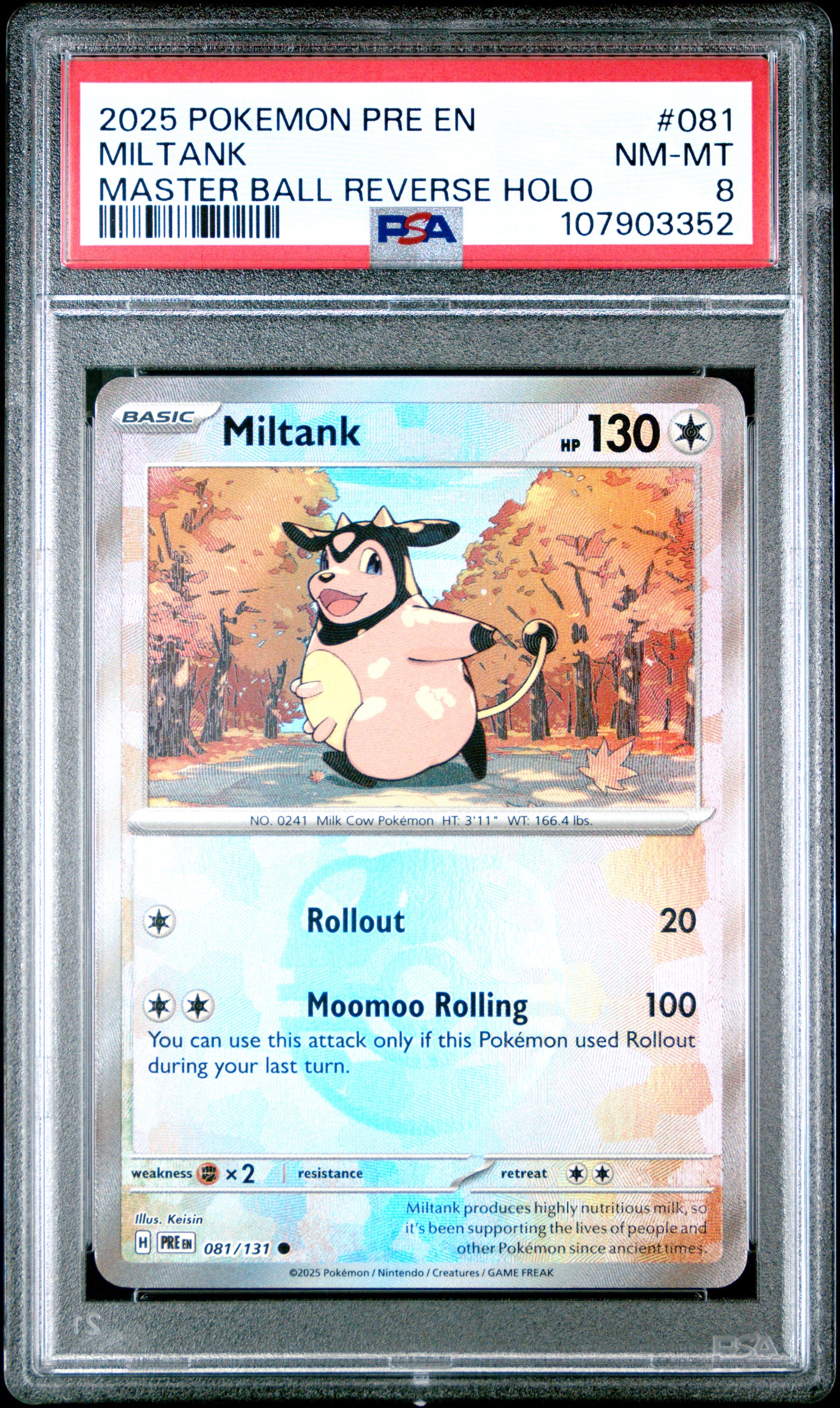 MILTANK 81/131 [Master Ball]  POKEMON PRE EN-PRISMATIC EVOLUTIONS MASTER BALL REVERSE HOLO PSA8 NM-MT 8 PSA population 14 <a href=https://www.psacard.com/cert/107903352/psa>https://www.psacard.com/cert/107903352/psa</a>