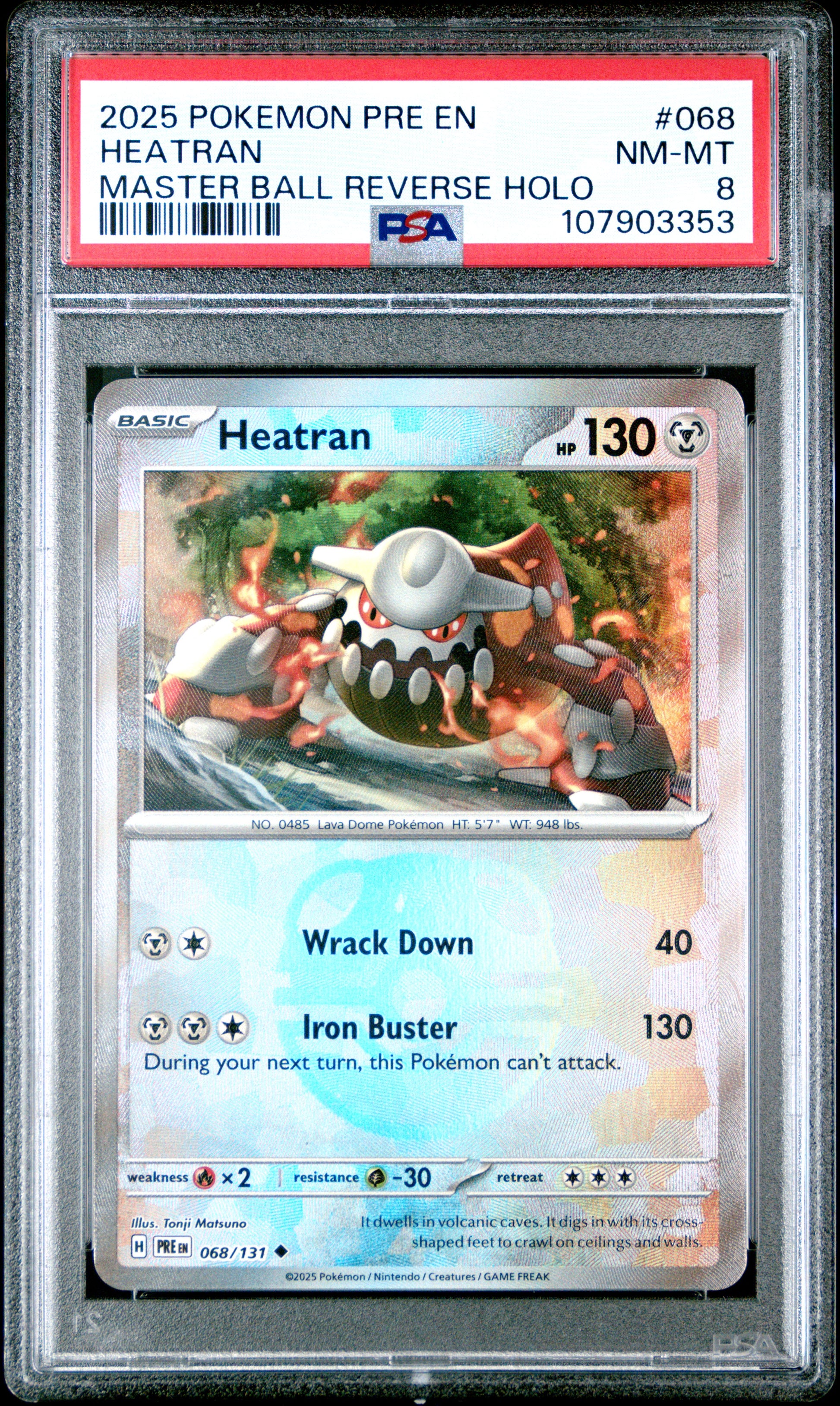 HEATRAN 68/131 [Master Ball]  POKEMON PRE EN-PRISMATIC EVOLUTIONS MASTER BALL REVERSE HOLO PSA8 NM-MT 8 PSA population 13 <a href=https://www.psacard.com/cert/107903353/psa>https://www.psacard.com/cert/107903353/psa</a>