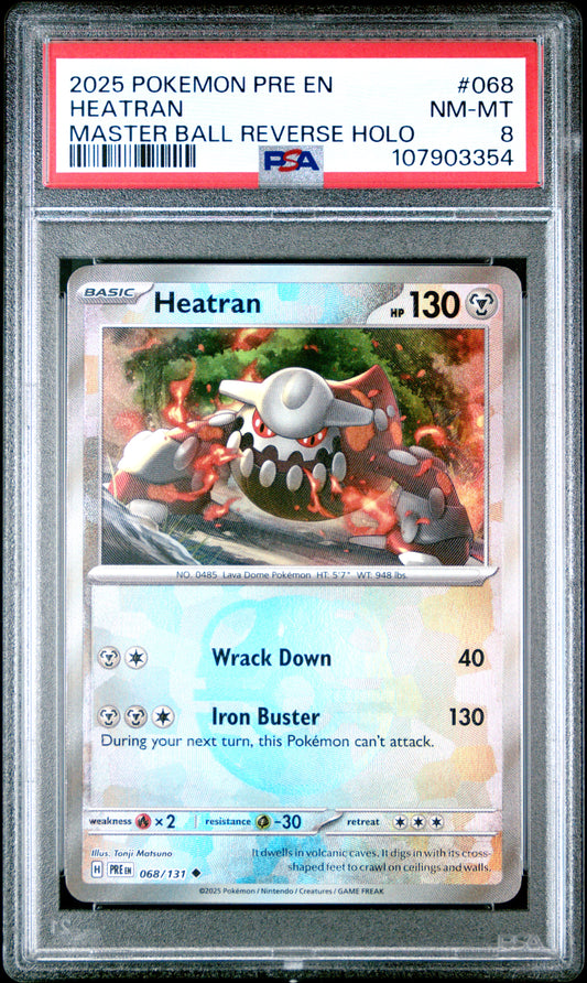 HEATRAN 68/131 [Master Ball]  POKEMON PRE EN-PRISMATIC EVOLUTIONS MASTER BALL REVERSE HOLO PSA8 NM-MT 8 PSA population 13 <a href=https://www.psacard.com/cert/107903354/psa>https://www.psacard.com/cert/107903354/psa</a>