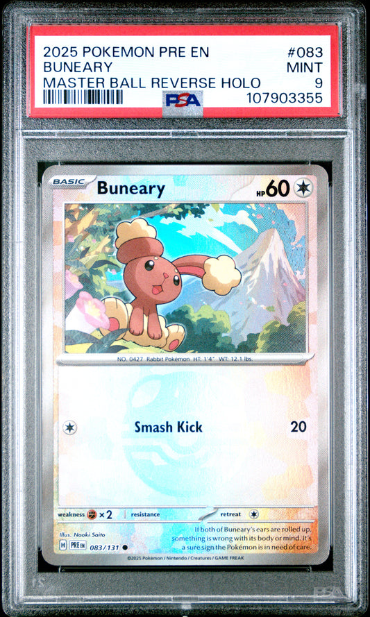 BUNEARY 83/131 [Master Ball]  POKEMON PRE EN-PRISMATIC EVOLUTIONS MASTER BALL REVERSE HOLO PSA9 MINT 9 PSA population 75 <a href=https://www.psacard.com/cert/107903355/psa>https://www.psacard.com/cert/107903355/psa</a>