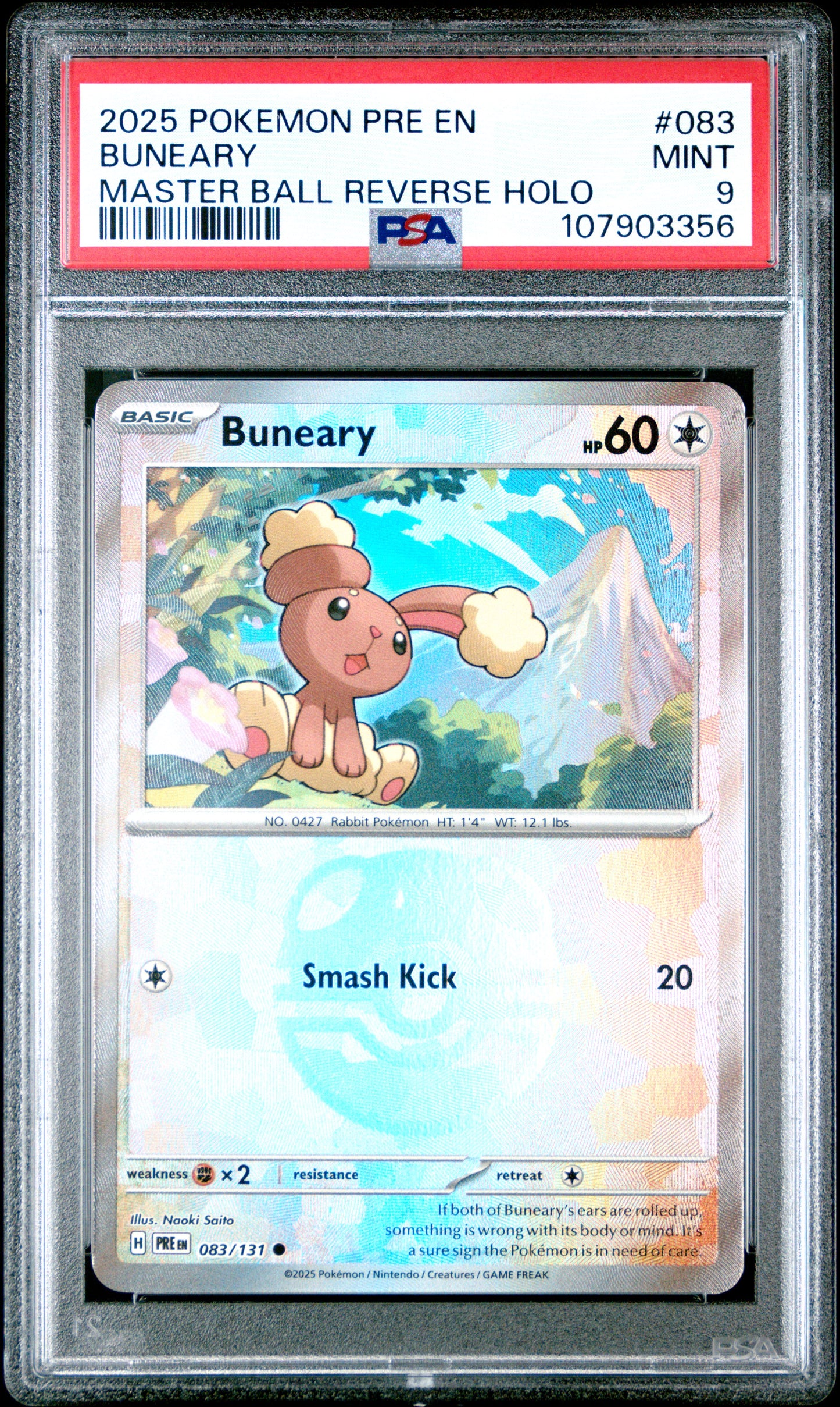 BUNEARY 83/131 [Master Ball]  POKEMON PRE EN-PRISMATIC EVOLUTIONS MASTER BALL REVERSE HOLO PSA9 MINT 9 PSA population 75 <a href=https://www.psacard.com/cert/107903356/psa>https://www.psacard.com/cert/107903356/psa</a>