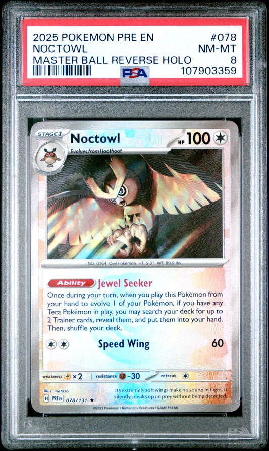 NOCTOWL 78/131 [Master Ball]  POKEMON PRE EN-PRISMATIC EVOLUTIONS MASTER BALL REVERSE HOLO PSA8 NM-MT 8 PSA population 20 <a href=https://www.psacard.com/cert/107903359/psa>https://www.psacard.com/cert/107903359/psa</a>