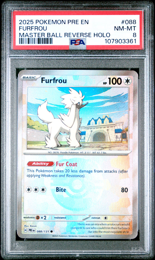 FURFROU 88/131 [Master Ball]  POKEMON PRE EN-PRISMATIC EVOLUTIONS MASTER BALL REVERSE HOLO PSA8 NM-MT 8 PSA population 14 <a href=https://www.psacard.com/cert/107903361/psa>https://www.psacard.com/cert/107903361/psa</a>