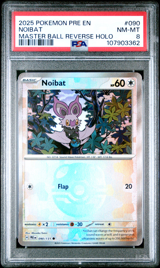 NOIBAT 90/131 [Master Ball]  POKEMON PRE EN-PRISMATIC EVOLUTIONS MASTER BALL REVERSE HOLO PSA8 NM-MT 8 PSA population 19 <a href=https://www.psacard.com/cert/107903362/psa>https://www.psacard.com/cert/107903362/psa</a>