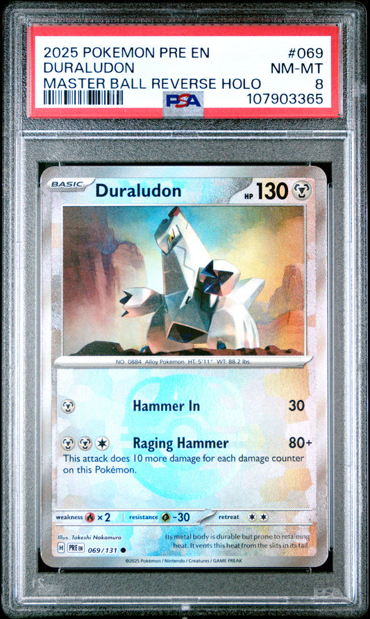 DURALUDON 69/131 [Master Ball]  POKEMON PRE EN-PRISMATIC EVOLUTIONS MASTER BALL REVERSE HOLO PSA8 NM-MT 8 PSA population 14 <a href=https://www.psacard.com/cert/107903365/psa>https://www.psacard.com/cert/107903365/psa</a>