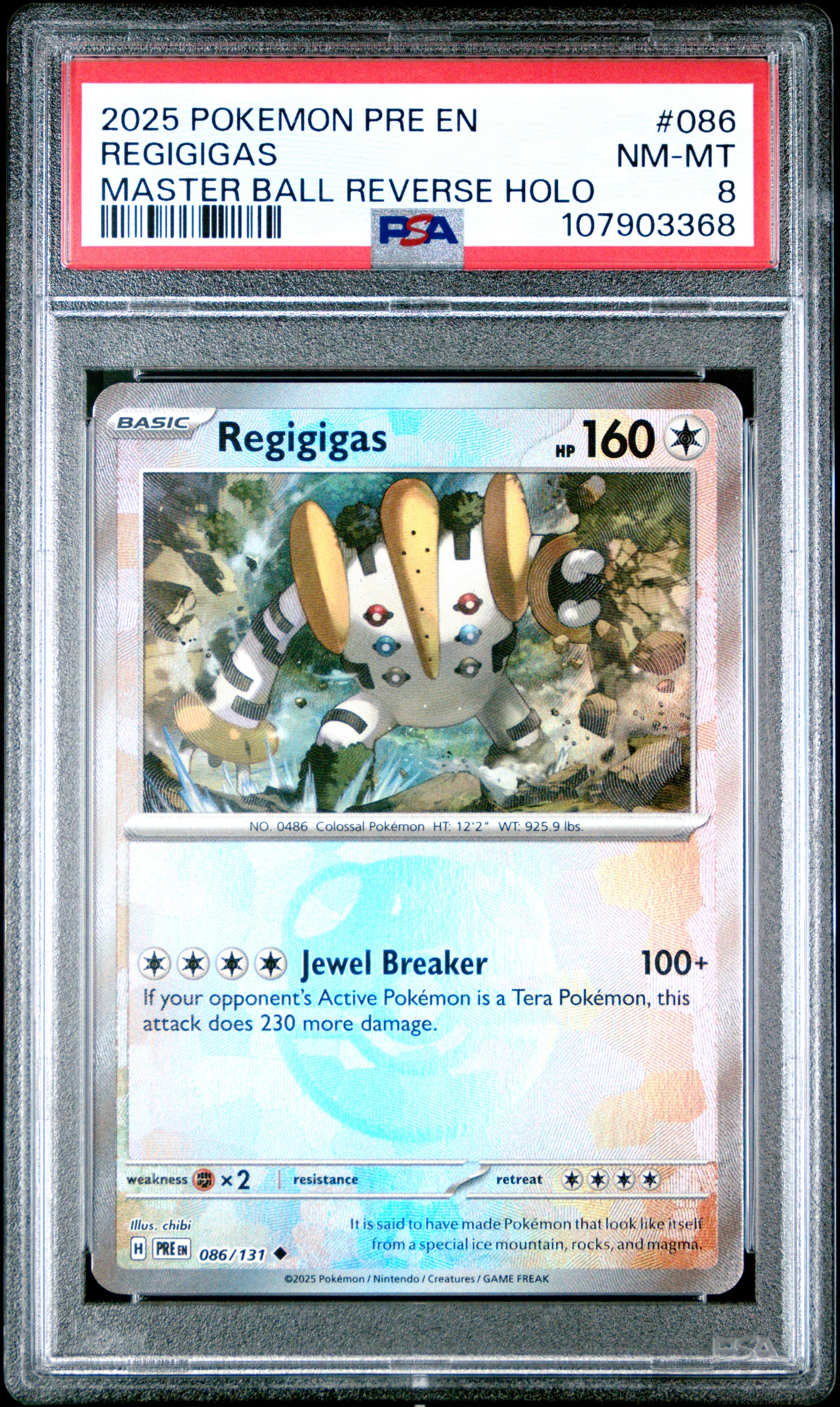 REGIGIGAS 86/131 [Master Ball]  POKEMON PRE EN-PRISMATIC EVOLUTIONS MASTER BALL REVERSE HOLO PSA8 NM-MT 8 PSA population 22 <a href=https://www.psacard.com/cert/107903368/psa>https://www.psacard.com/cert/107903368/psa</a>