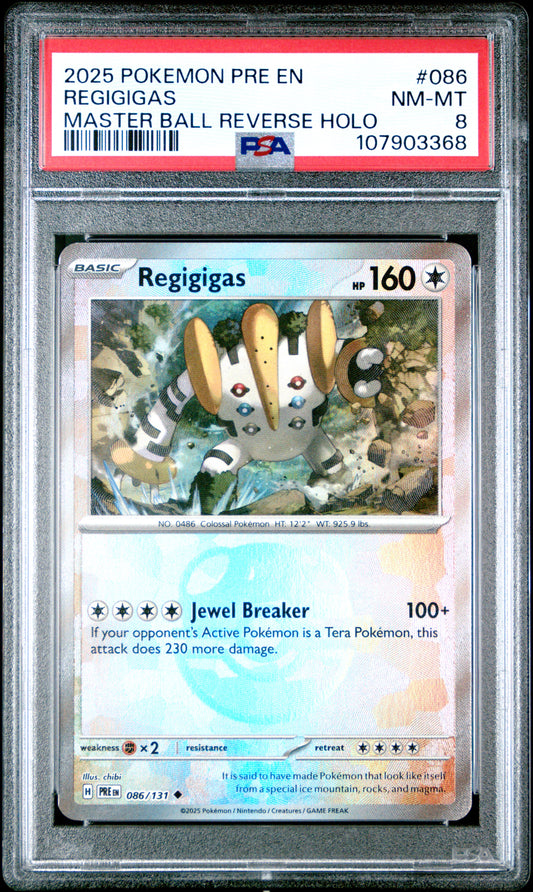 REGIGIGAS 86/131 [Master Ball]  POKEMON PRE EN-PRISMATIC EVOLUTIONS MASTER BALL REVERSE HOLO PSA8 NM-MT 8 PSA population 22 <a href=https://www.psacard.com/cert/107903368/psa>https://www.psacard.com/cert/107903368/psa</a>