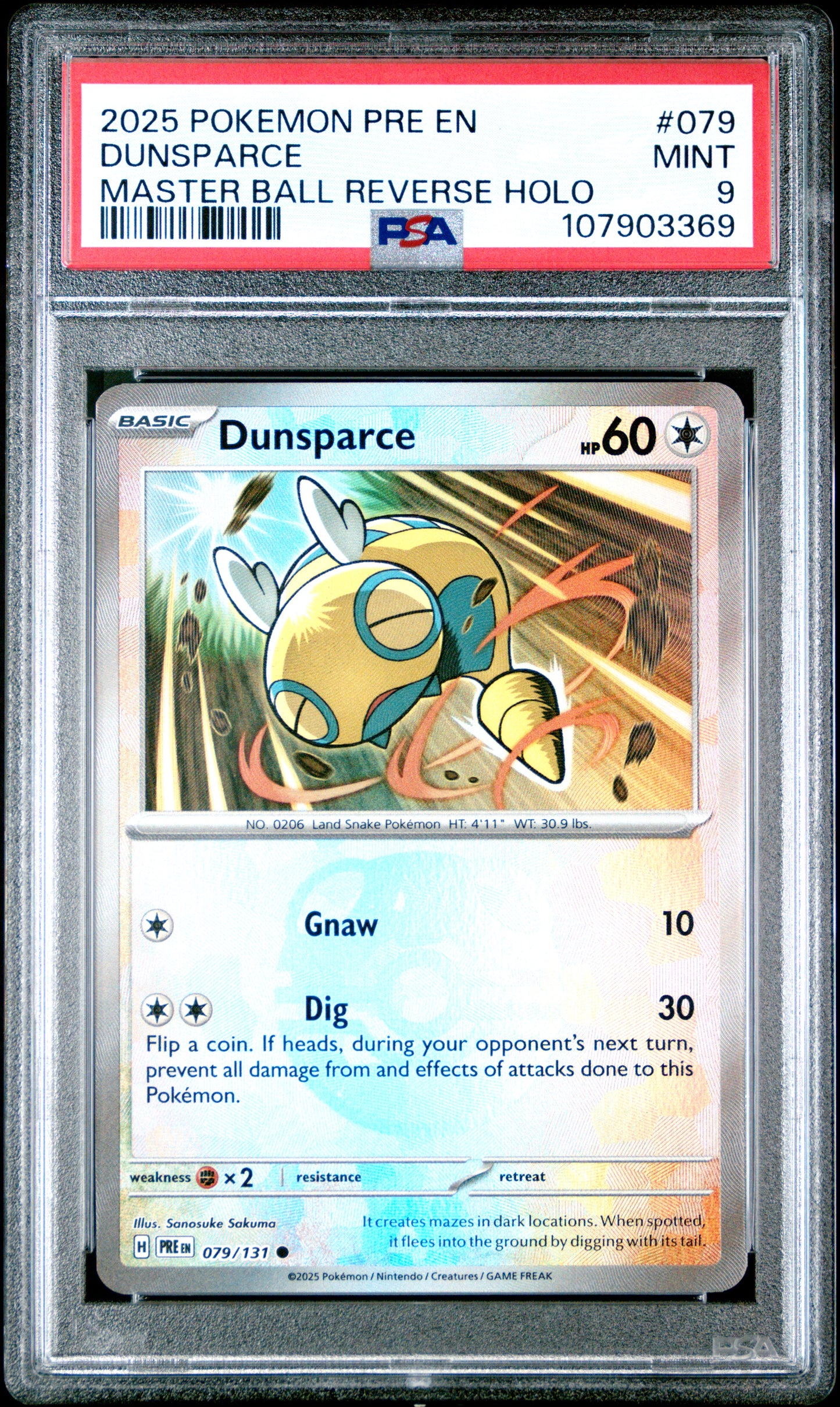 DUNSPARCE 79/131 [Master Ball]  POKEMON PRE EN-PRISMATIC EVOLUTIONS MASTER BALL REVERSE HOLO PSA9 MINT 9 PSA population 68 <a href=https://www.psacard.com/cert/107903369/psa>https://www.psacard.com/cert/107903369/psa</a>