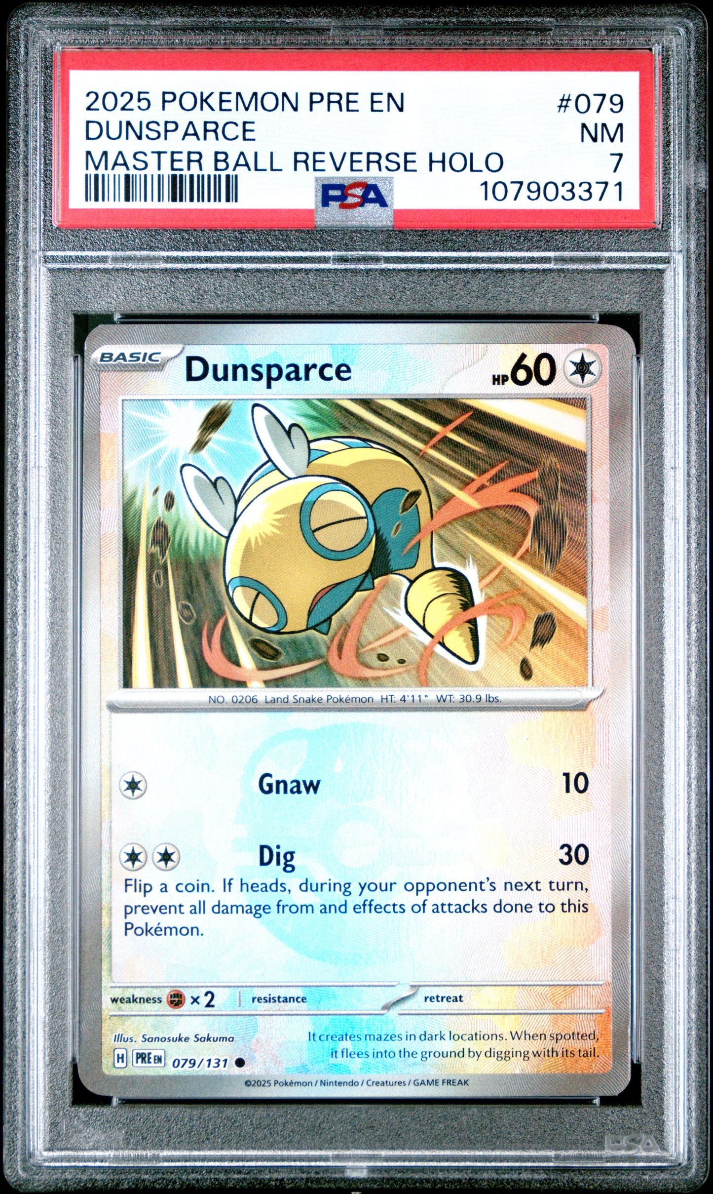DUNSPARCE 79/131 [Master Ball]  POKEMON PRE EN-PRISMATIC EVOLUTIONS MASTER BALL REVERSE HOLO PSA7 NM 7 PSA population 1 <a href=https://www.psacard.com/cert/107903371/psa>https://www.psacard.com/cert/107903371/psa</a>