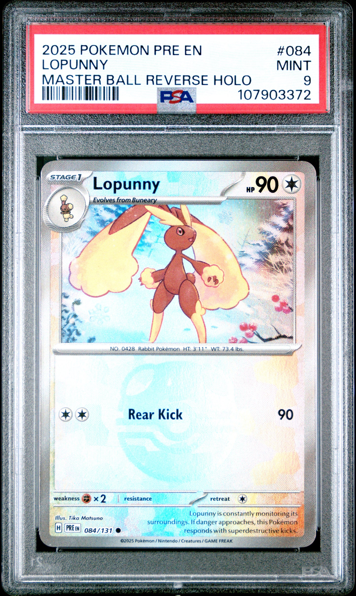 LOPUNNY 84/131 [Master Ball]  POKEMON PRE EN-PRISMATIC EVOLUTIONS MASTER BALL REVERSE HOLO PSA9 MINT 9 PSA population 60 <a href=https://www.psacard.com/cert/107903372/psa>https://www.psacard.com/cert/107903372/psa</a>