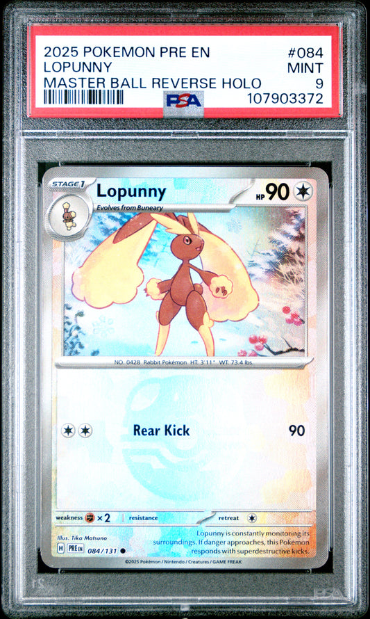 LOPUNNY 84/131 [Master Ball]  POKEMON PRE EN-PRISMATIC EVOLUTIONS MASTER BALL REVERSE HOLO PSA9 MINT 9 PSA population 60 <a href=https://www.psacard.com/cert/107903372/psa>https://www.psacard.com/cert/107903372/psa</a>