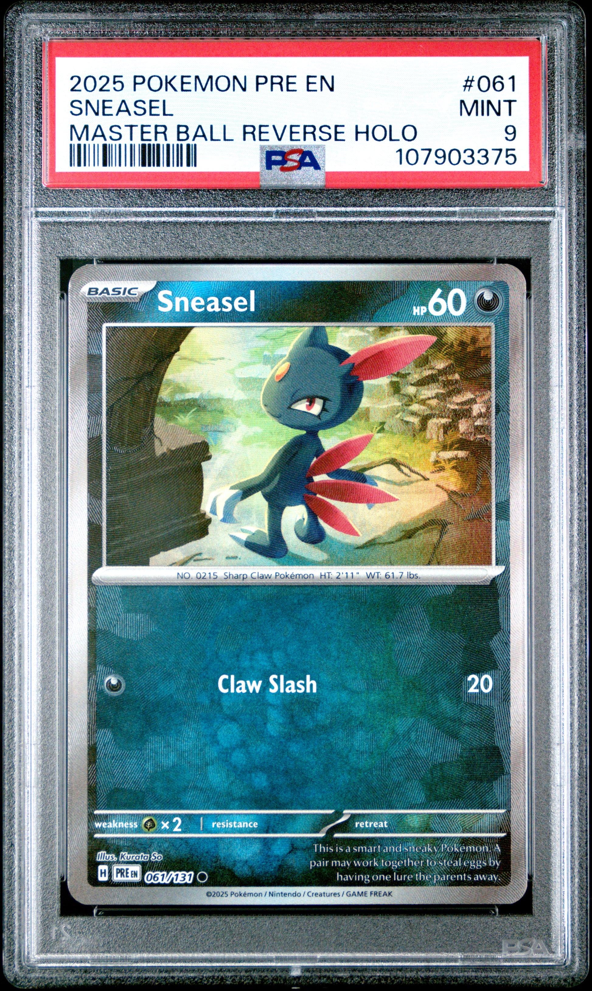 SNEASEL 61/131 [Master Ball]  POKEMON PRE EN-PRISMATIC EVOLUTIONS MASTER BALL REVERSE HOLO PSA9 MINT 9 PSA population 90 <a href=https://www.psacard.com/cert/107903375/psa>https://www.psacard.com/cert/107903375/psa</a>