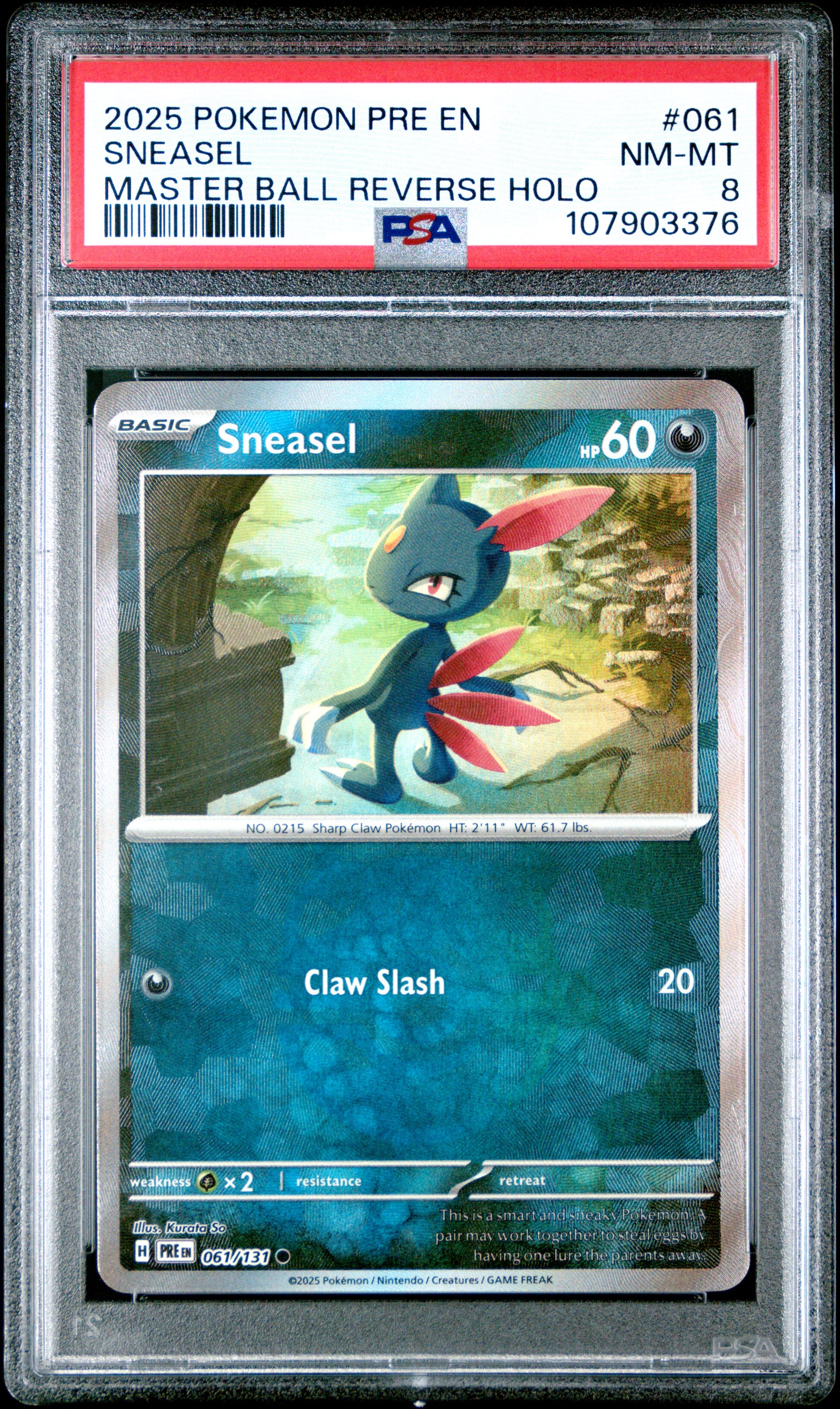 SNEASEL 61/131 [Master Ball]  POKEMON PRE EN-PRISMATIC EVOLUTIONS MASTER BALL REVERSE HOLO PSA8 NM-MT 8 PSA population 22 <a href=https://www.psacard.com/cert/107903376/psa>https://www.psacard.com/cert/107903376/psa</a>
