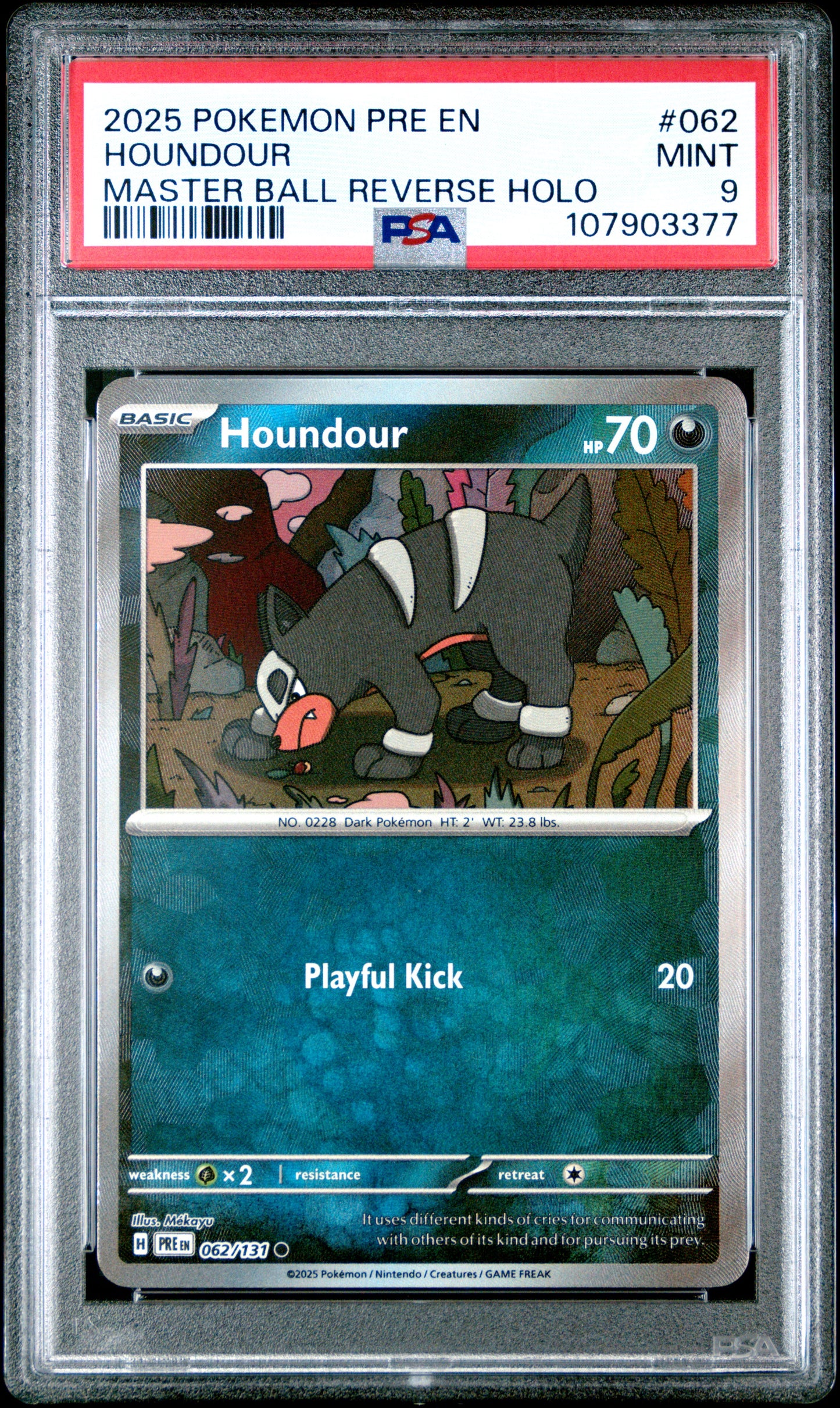 HOUNDOUR 62/131 [Master Ball]  POKEMON PRE EN-PRISMATIC EVOLUTIONS MASTER BALL REVERSE HOLO PSA9 MINT 9 PSA population 143 <a href=https://www.psacard.com/cert/107903377/psa>https://www.psacard.com/cert/107903377/psa</a>