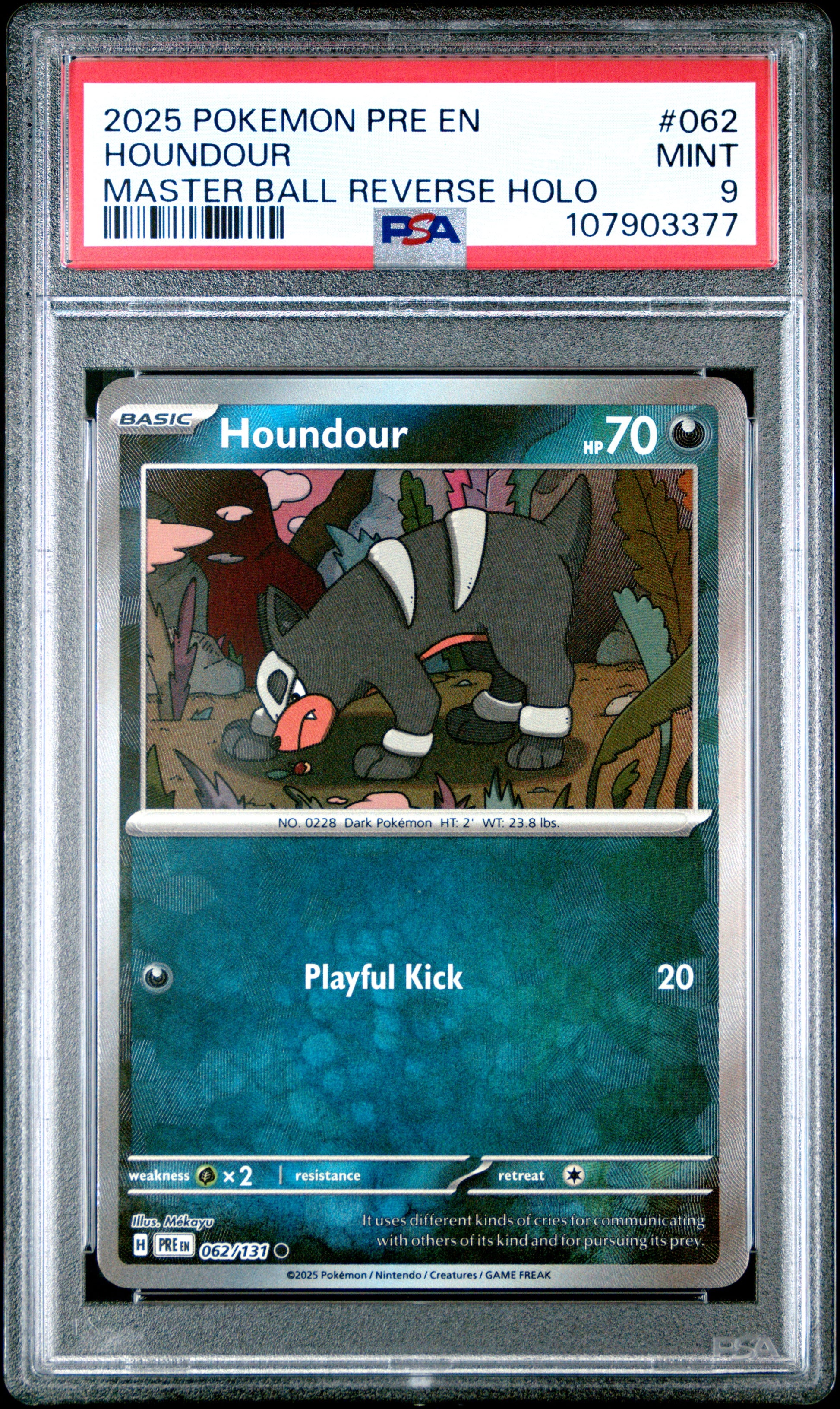 HOUNDOUR 62/131 [Master Ball]  POKEMON PRE EN-PRISMATIC EVOLUTIONS MASTER BALL REVERSE HOLO PSA9 MINT 9 PSA population 143 <a href=https://www.psacard.com/cert/107903377/psa>https://www.psacard.com/cert/107903377/psa</a>