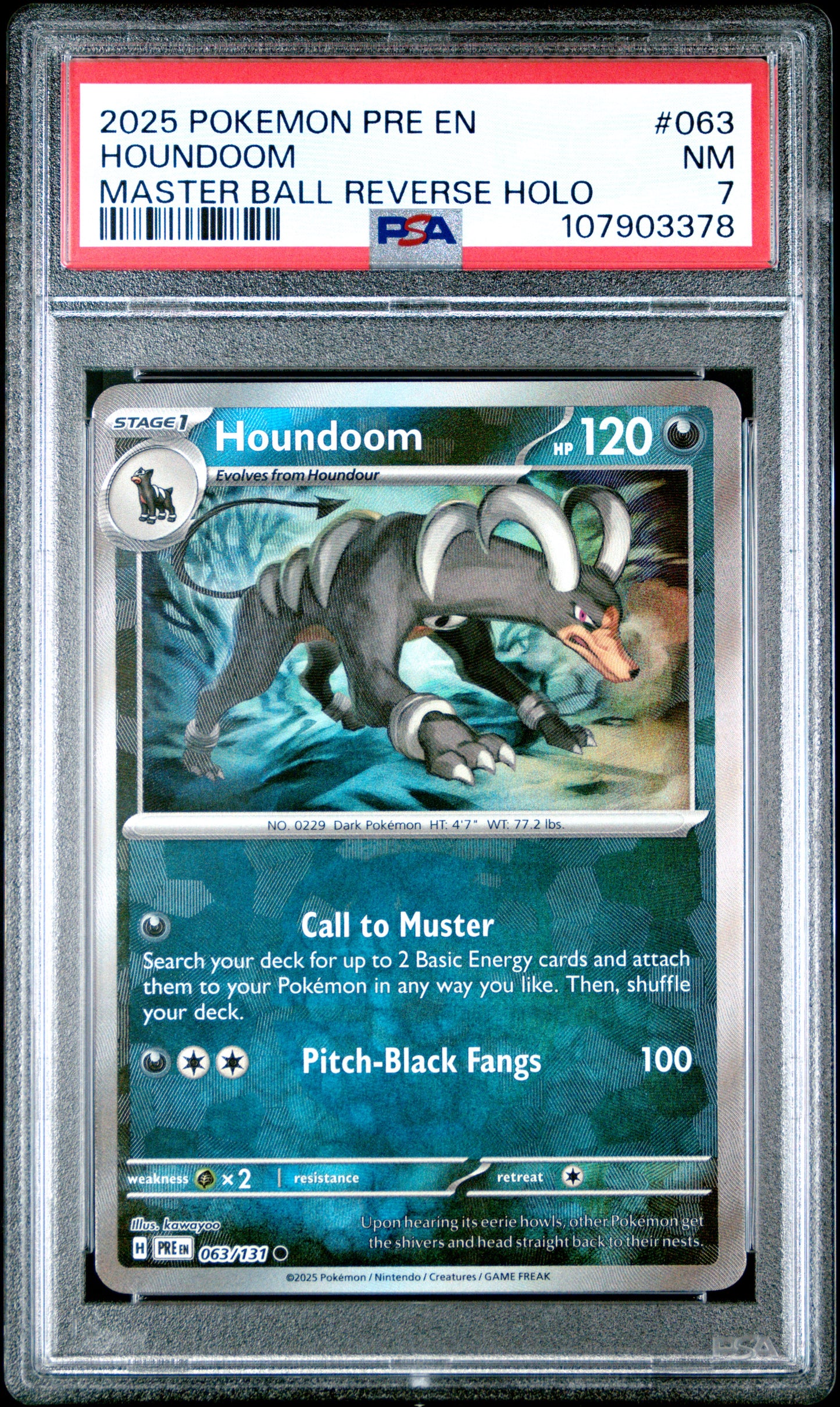 HOUNDOOM 63/131 [Master Ball]  POKEMON PRE EN-PRISMATIC EVOLUTIONS MASTER BALL REVERSE HOLO PSA7 NM 7 PSA population 3 <a href=https://www.psacard.com/cert/107903378/psa>https://www.psacard.com/cert/107903378/psa</a>