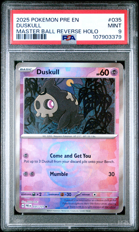 DUSKULL 35/131 [Master Ball]  POKEMON PRE EN-PRISMATIC EVOLUTIONS MASTER BALL REVERSE HOLO PSA9 MINT 9 PSA population 81 <a href=https://www.psacard.com/cert/107903379/psa>https://www.psacard.com/cert/107903379/psa</a>