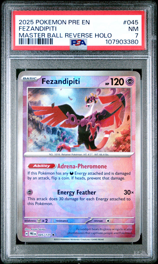 FEZANDIPITI 45/131 [Master Ball]  POKEMON PRE EN-PRISMATIC EVOLUTIONS MASTER BALL REVERSE HOLO PSA7 NM 7 PSA population 1 <a href=https://www.psacard.com/cert/107903380/psa>https://www.psacard.com/cert/107903380/psa</a>