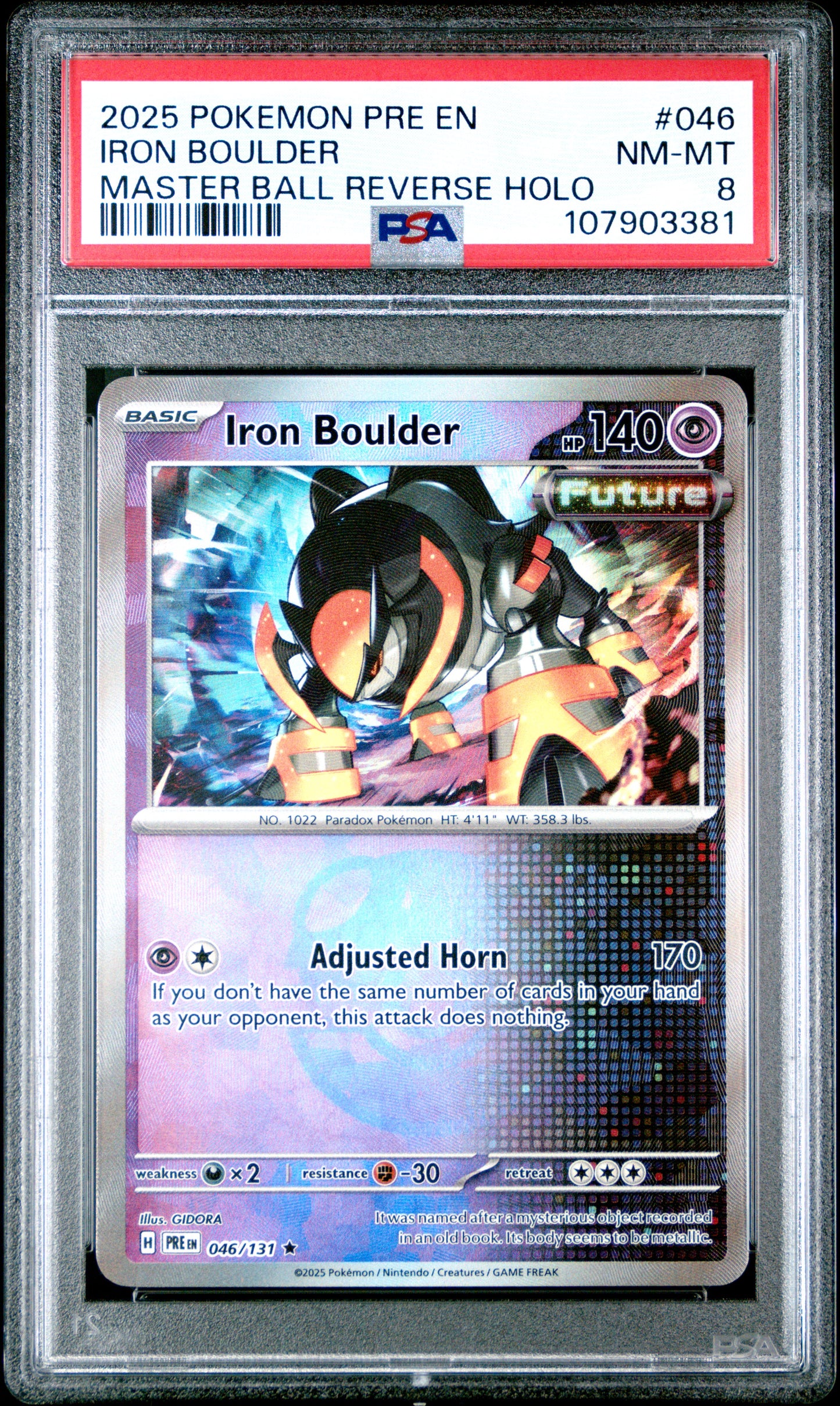 IRON BOULDER 46/131 [Master Ball]  POKEMON PRE EN-PRISMATIC EVOLUTIONS MASTER BALL REVERSE HOLO PSA8 NM-MT 8 PSA population 16 <a href=https://www.psacard.com/cert/107903381/psa>https://www.psacard.com/cert/107903381/psa</a>