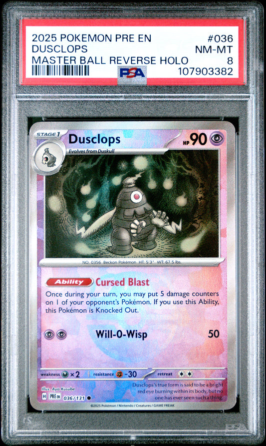 DUSCLOPS 36/131 [Master Ball]  POKEMON PRE EN-PRISMATIC EVOLUTIONS MASTER BALL REVERSE HOLO PSA8 NM-MT 8 PSA population 27 <a href=https://www.psacard.com/cert/107903382/psa>https://www.psacard.com/cert/107903382/psa</a>