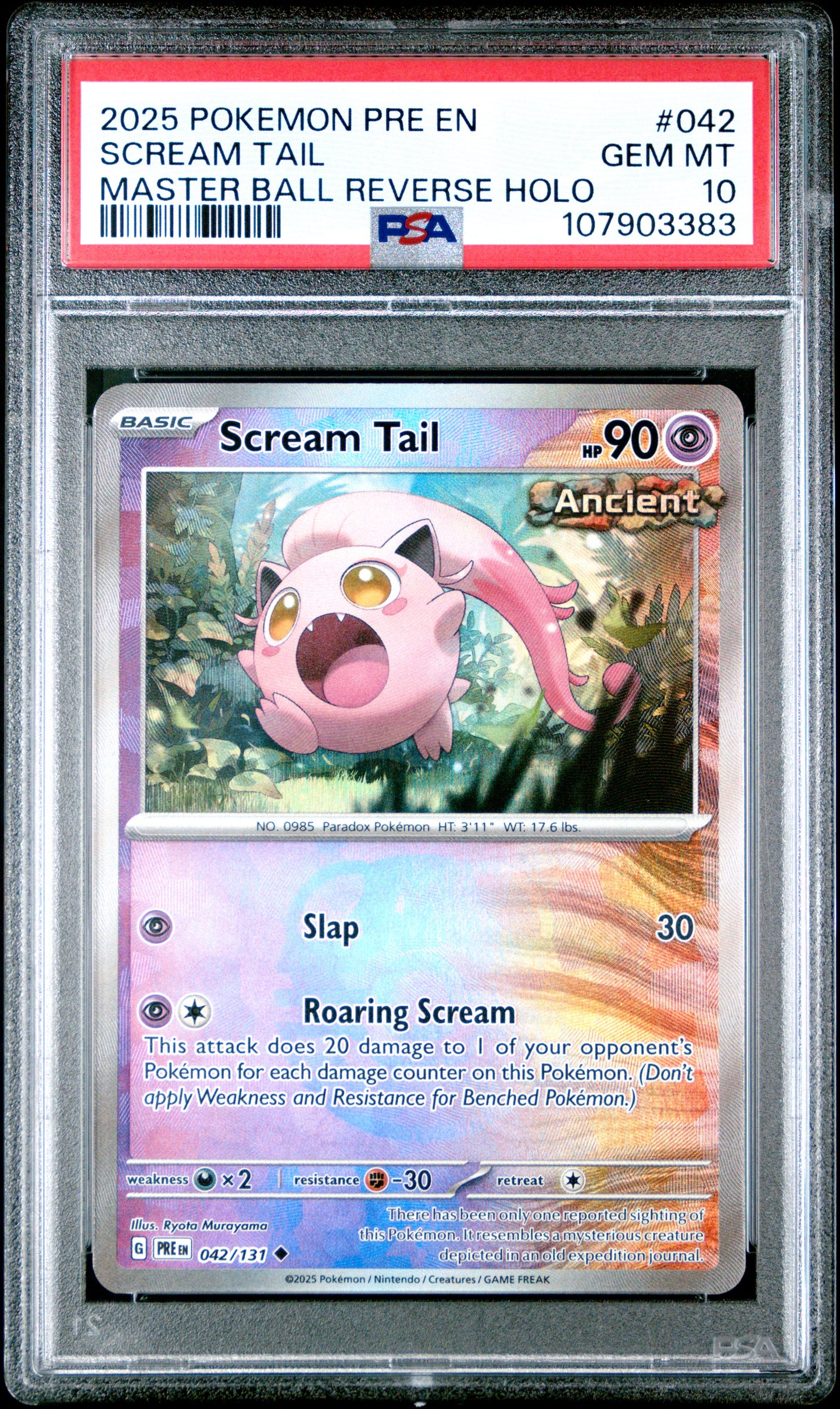 SCREAM TAIL 42/131 [Master Ball]  POKEMON PRE EN-PRISMATIC EVOLUTIONS MASTER BALL REVERSE HOLO PSA10 GEM MT 10 PSA population 23 <a href=https://www.psacard.com/cert/107903383/psa>https://www.psacard.com/cert/107903383/psa</a>