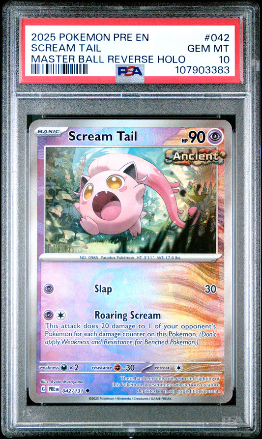 SCREAM TAIL 42/131 [Master Ball]  POKEMON PRE EN-PRISMATIC EVOLUTIONS MASTER BALL REVERSE HOLO PSA10 GEM MT 10 PSA population 23 <a href=https://www.psacard.com/cert/107903383/psa>https://www.psacard.com/cert/107903383/psa</a>