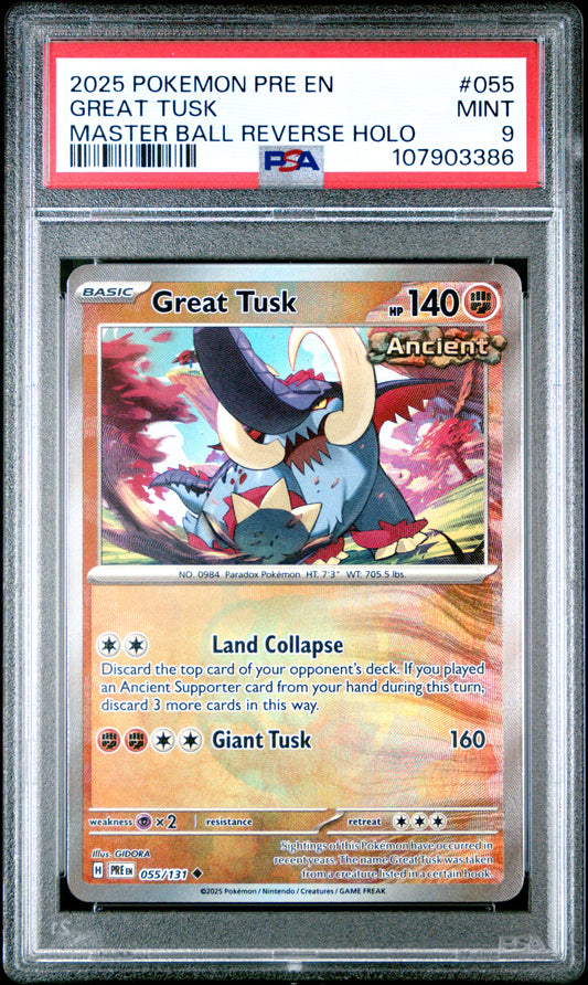 GREAT TUSK 55/131 [Master Ball]  POKEMON PRE EN-PRISMATIC EVOLUTIONS MASTER BALL REVERSE HOLO PSA9 MINT 9 PSA population 35 <a href=https://www.psacard.com/cert/107903386/psa>https://www.psacard.com/cert/107903386/psa</a>