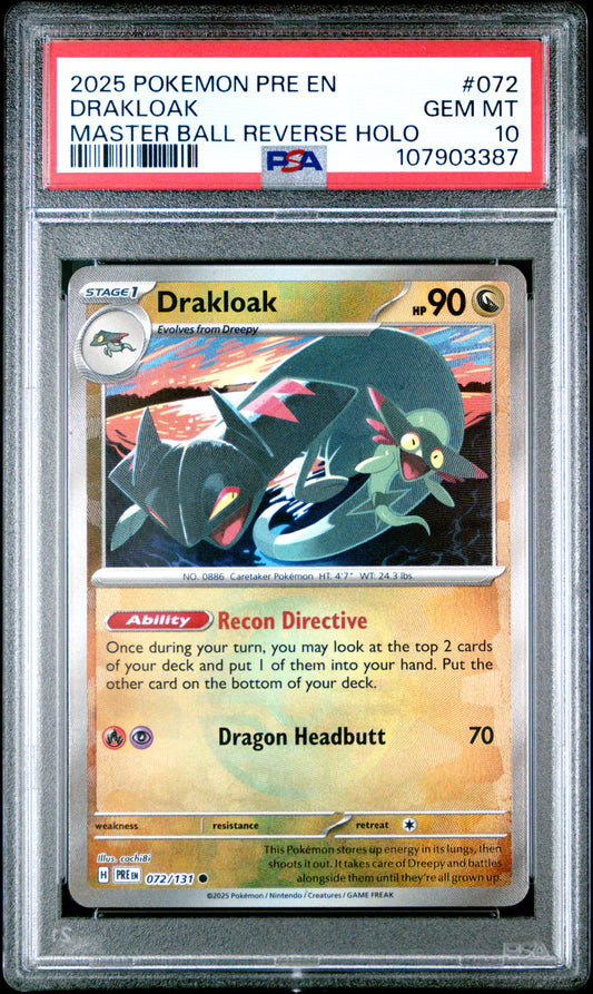DRAKLOAK 72/131 [Master Ball]  POKEMON PRE EN-PRISMATIC EVOLUTIONS MASTER BALL REVERSE HOLO PSA10 GEM MT 10 PSA population 36 <a href=https://www.psacard.com/cert/107903387/psa>https://www.psacard.com/cert/107903387/psa</a>