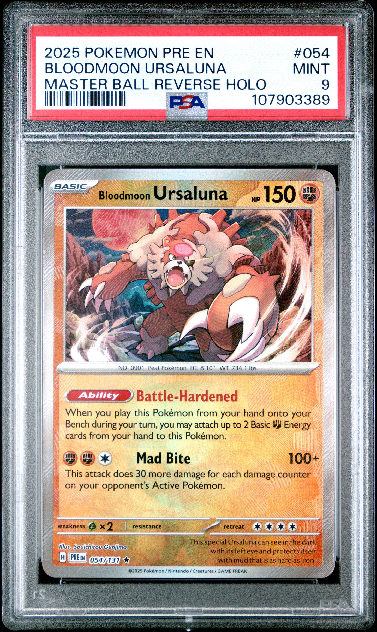 BLOODMOON URSALUNA 54/131 [Master Ball]  POKEMON PRE EN-PRISMATIC EVOLUTIONS MASTER BALL REVERSE HOLO PSA9 MINT 9 PSA population 64 <a href=https://www.psacard.com/cert/107903389/psa>https://www.psacard.com/cert/107903389/psa</a>