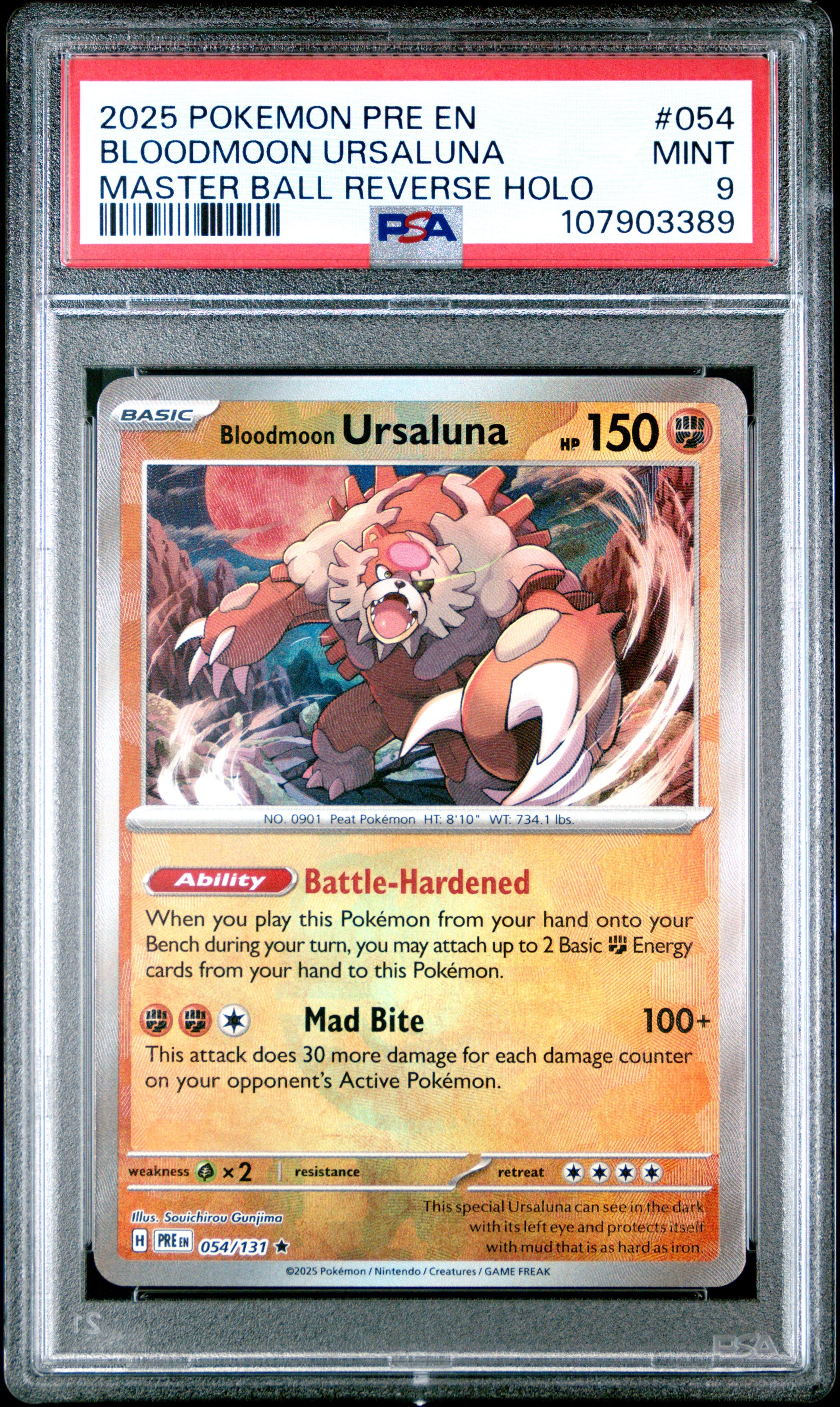 BLOODMOON URSALUNA 54/131 [Master Ball]  POKEMON PRE EN-PRISMATIC EVOLUTIONS MASTER BALL REVERSE HOLO PSA9 MINT 9 PSA population 64 <a href=https://www.psacard.com/cert/107903389/psa>https://www.psacard.com/cert/107903389/psa</a>