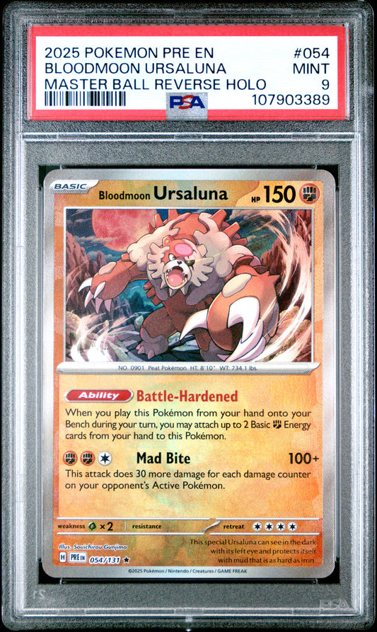 BLOODMOON URSALUNA 54/131 [Master Ball]  POKEMON PRE EN-PRISMATIC EVOLUTIONS MASTER BALL REVERSE HOLO PSA9 MINT 9 PSA population 64 <a href=https://www.psacard.com/cert/107903389/psa>https://www.psacard.com/cert/107903389/psa</a>