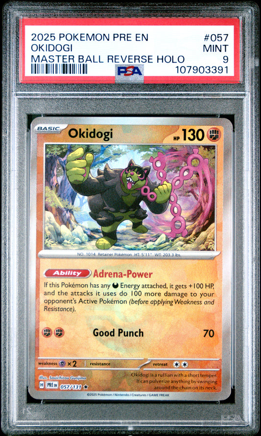 OKIDOGI 57/131 [Master Ball]  POKEMON PRE EN-PRISMATIC EVOLUTIONS MASTER BALL REVERSE HOLO PSA9 MINT 9 PSA population 39 <a href=https://www.psacard.com/cert/107903391/psa>https://www.psacard.com/cert/107903391/psa</a>