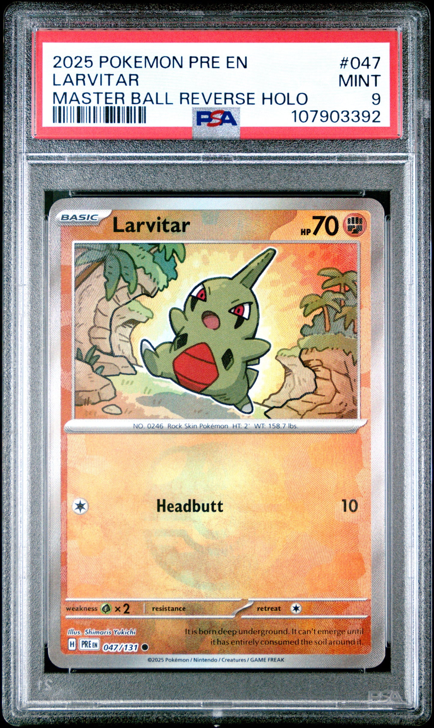 LARVITAR 47/131 [Master Ball]  POKEMON PRE EN-PRISMATIC EVOLUTIONS MASTER BALL REVERSE HOLO PSA9 MINT 9 PSA population 136 <a href=https://www.psacard.com/cert/107903392/psa>https://www.psacard.com/cert/107903392/psa</a>