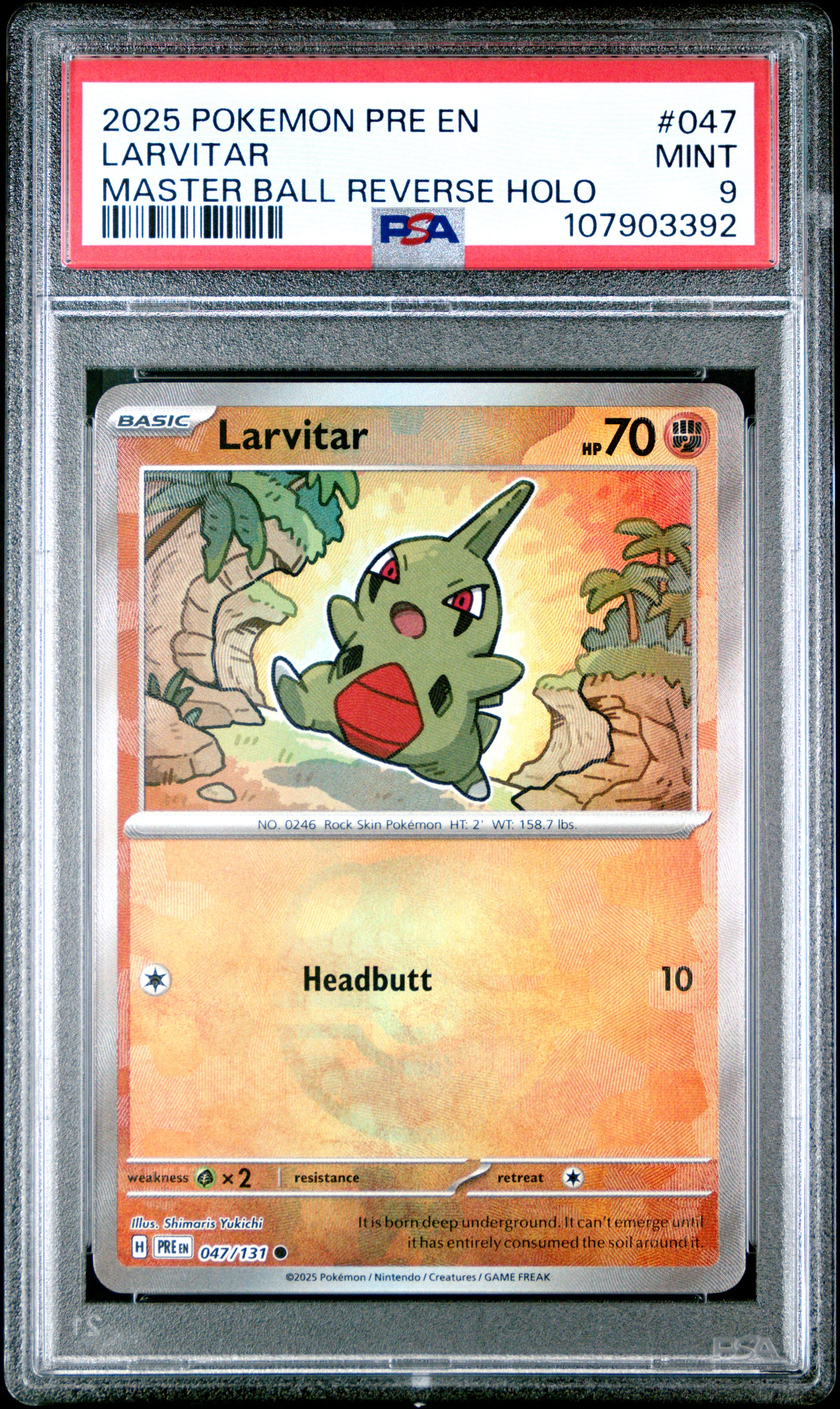LARVITAR 47/131 [Master Ball]  POKEMON PRE EN-PRISMATIC EVOLUTIONS MASTER BALL REVERSE HOLO PSA9 MINT 9 PSA population 136 <a href=https://www.psacard.com/cert/107903392/psa>https://www.psacard.com/cert/107903392/psa</a>