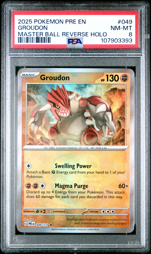 GROUDON 49/131 [Master Ball]  POKEMON PRE EN-PRISMATIC EVOLUTIONS MASTER BALL REVERSE HOLO PSA8 NM-MT 8 PSA population 52 <a href=https://www.psacard.com/cert/107903393/psa>https://www.psacard.com/cert/107903393/psa</a>