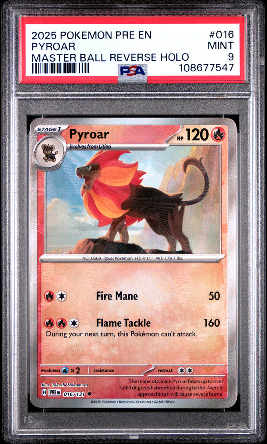 PYROAR 16/131 [Master Ball]  POKEMON PRE EN-PRISMATIC EVOLUTIONS MASTER BALL REVERSE HOLO PSA9 MINT 9 PSA population 95 <a href=https://www.psacard.com/cert/108677547/psa>https://www.psacard.com/cert/108677547/psa</a>
